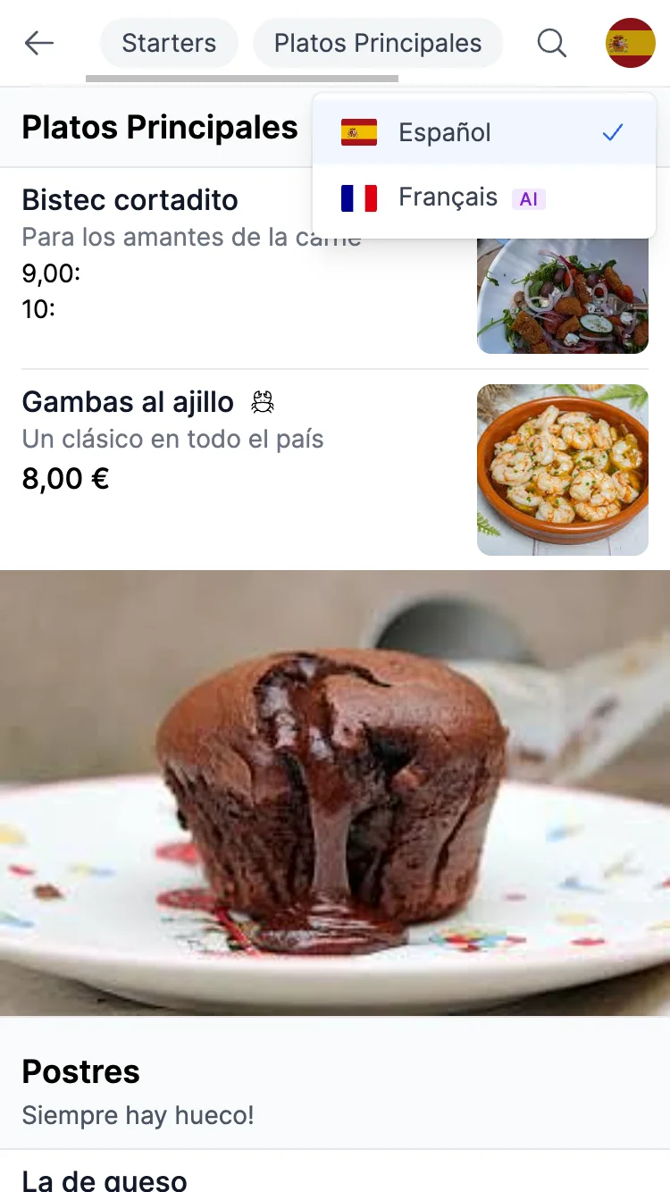 Carta de restaurante en español — original antes de la traducción automática con IA