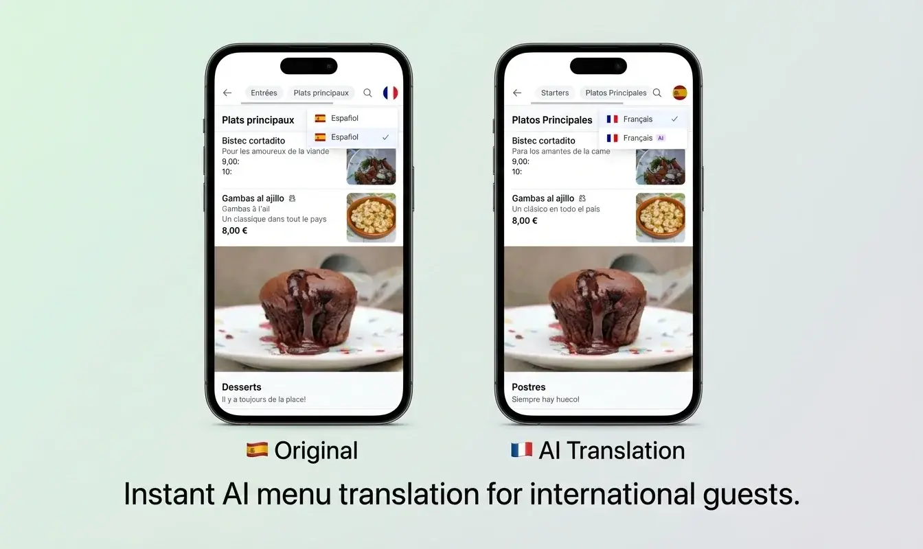AI menu translation — Spanish original and French AI-translated menu side by side