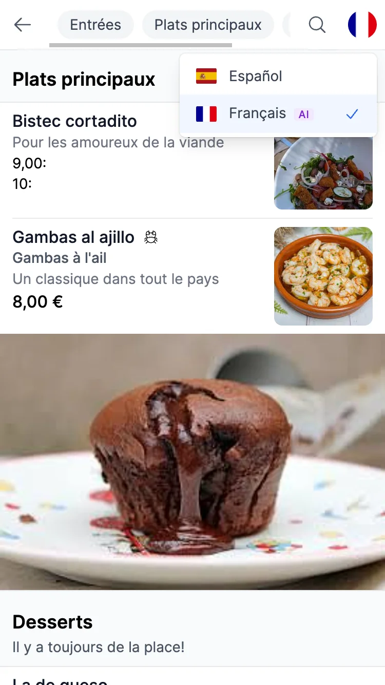 Carta de restaurante traducida al francés automáticamente con IA por Top Food App