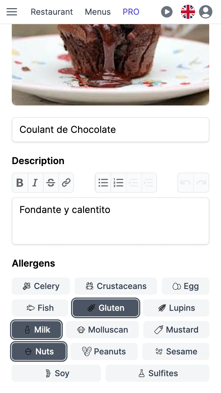Editorul de feluri din aplicația TopFood afișând comutatoare pentru cei 14 alergeni obligatorii