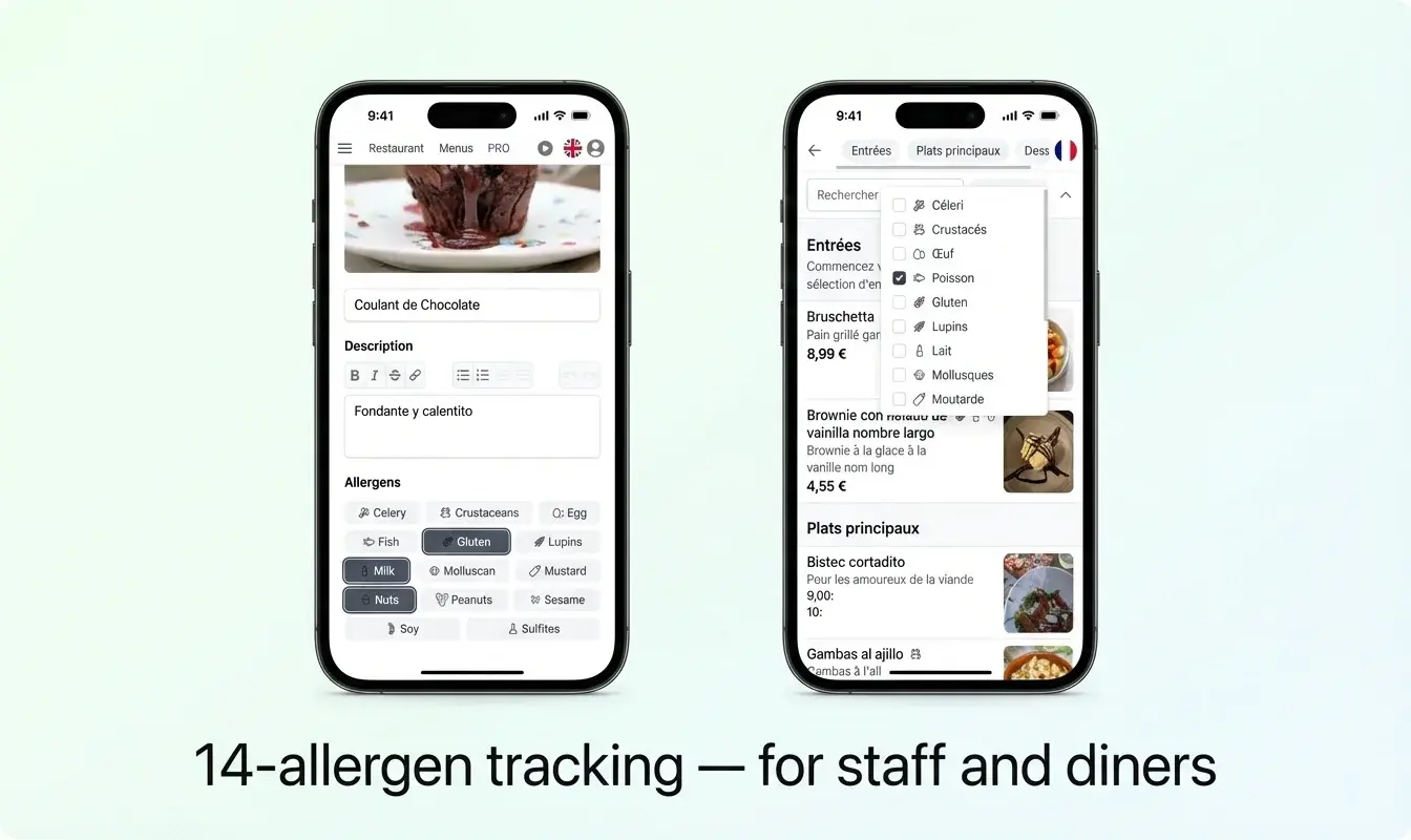 Gestionarea alergenilor în aplicația TopFood — vizualizare pentru personal și filtrul de alergeni pentru oaspeți afișate unul lângă altul
