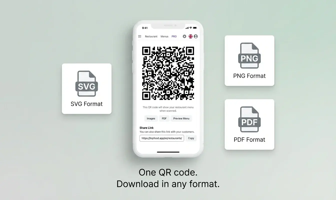 QR code page on Top Food App — download in SVG, PNG, and PDF formats
