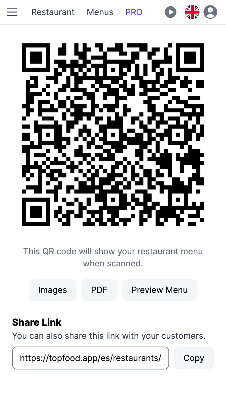 QR code page on a mobile device — share your digital menu instantly