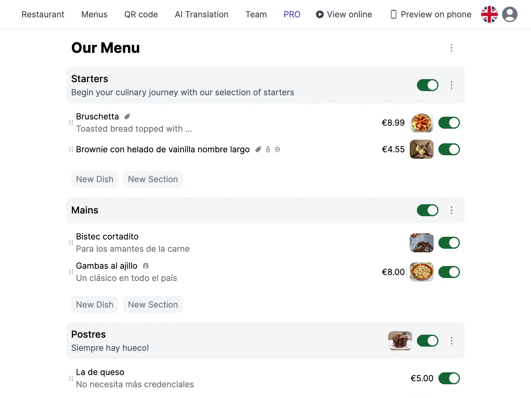 በላፕቶፕ ላይ የTop Food App ምናሌ አርታዒ፣ ክፍሎች እና ምግቦች በሚታረሙ ሁኔታ